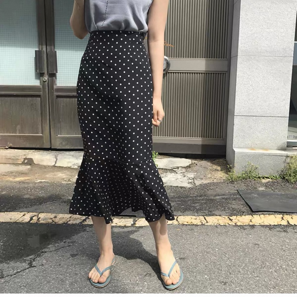 Black Polka Dot Ruffle-Hem Midi Skirt